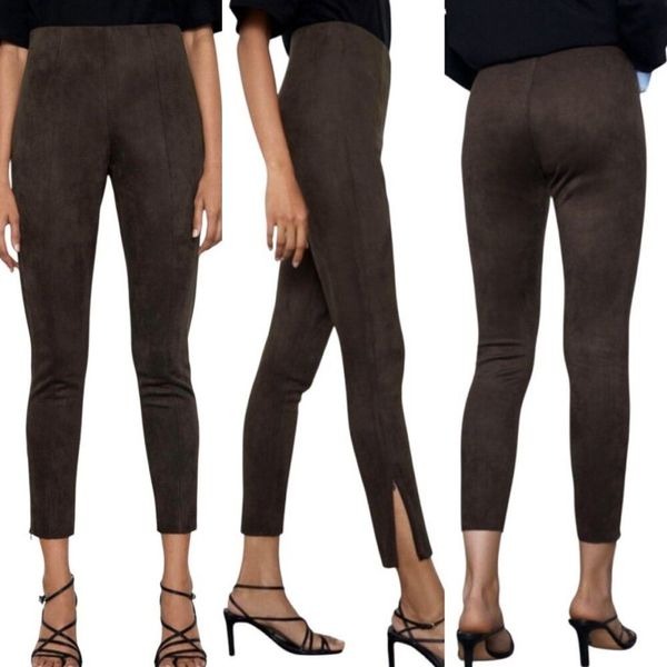 Zara Mid-Rise Faux Suede Ankle Zip Leggings Pants in Dark Olive Women's Size XL