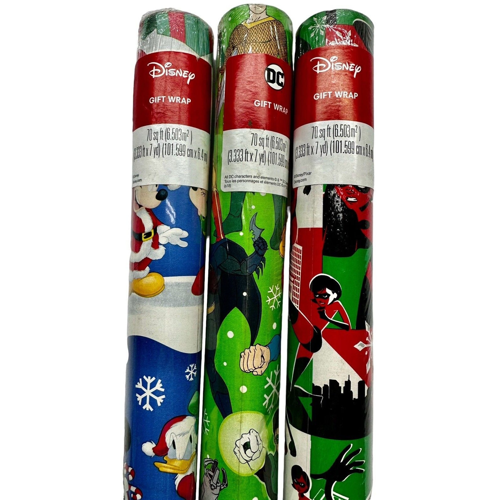 Lot Of 3 Christmas Wrapping Paper-2 Disney & 1 DC Super Heroes 70 SQ Feet