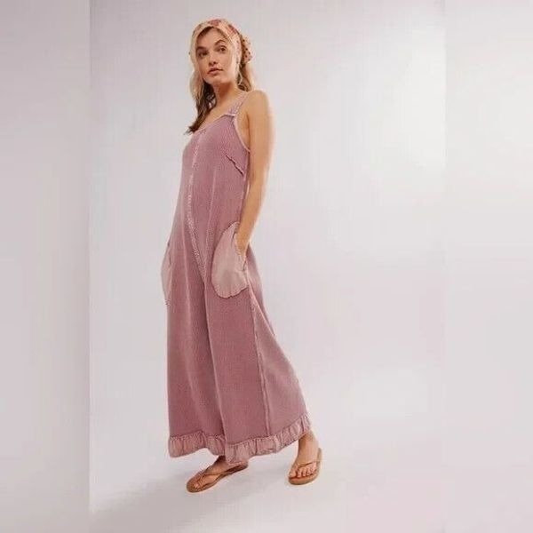Free People Callie One-Piece Jumpsuit Wide-Leg Waffle Rose FP ONE M NEW