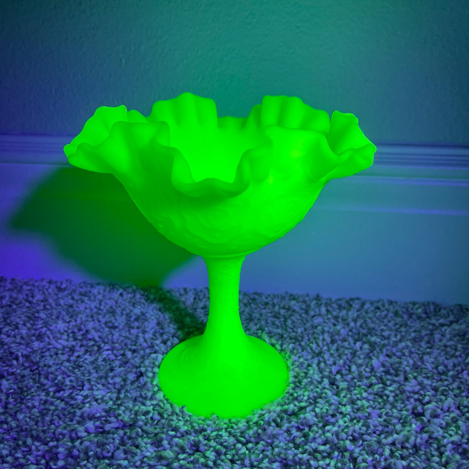 Vintage Fenton uranium Persian Medallion Lime Green Satin Ruffled Compote 6 1/2