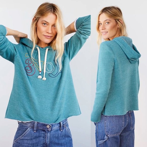 NWT Anthro Sol Angeles Love Cropped Hoodie Teal Blue