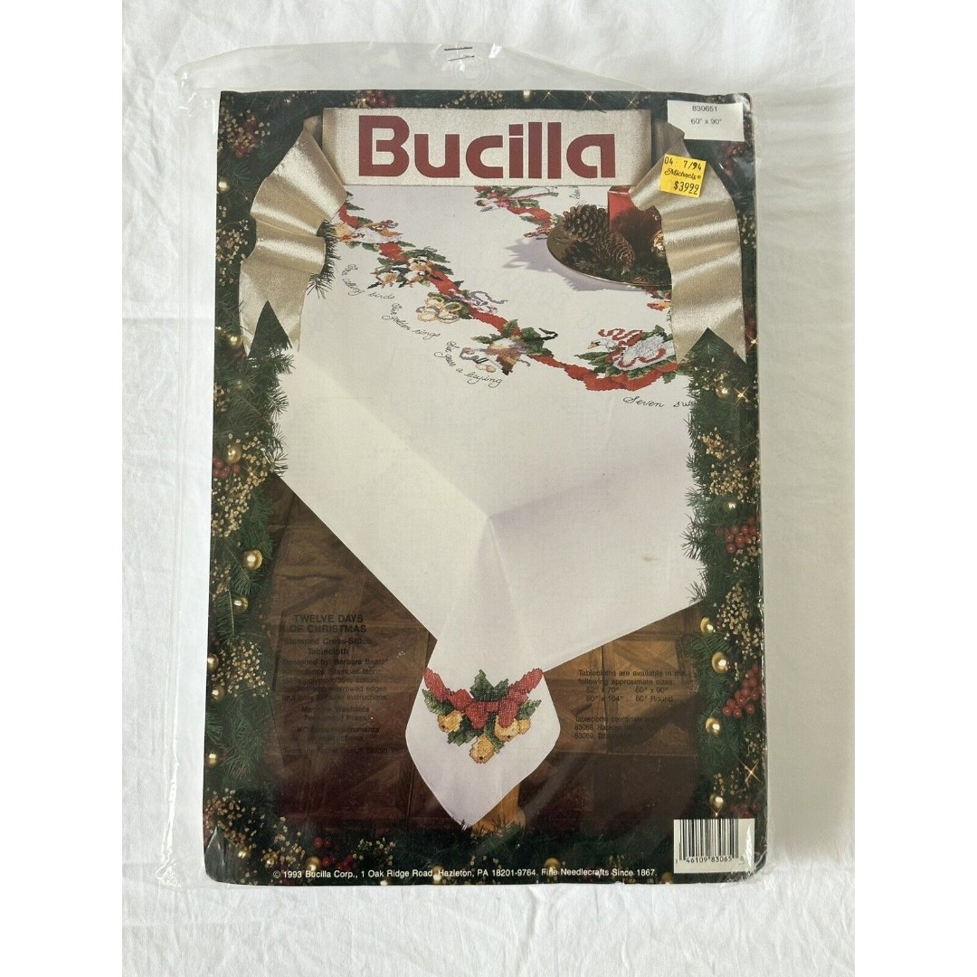 VTG Bucilla Twelve Days Of Christmas Tablecloth Stamped Fabric NEW 60 x 90