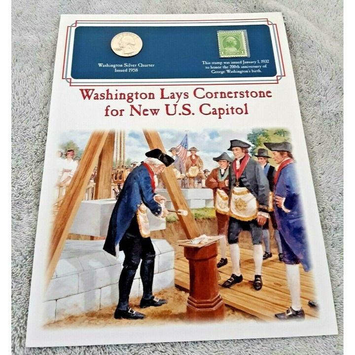 1958 Washington Silver Quarter + 1932 Commem Stamp American Mint Set Cornerstone
