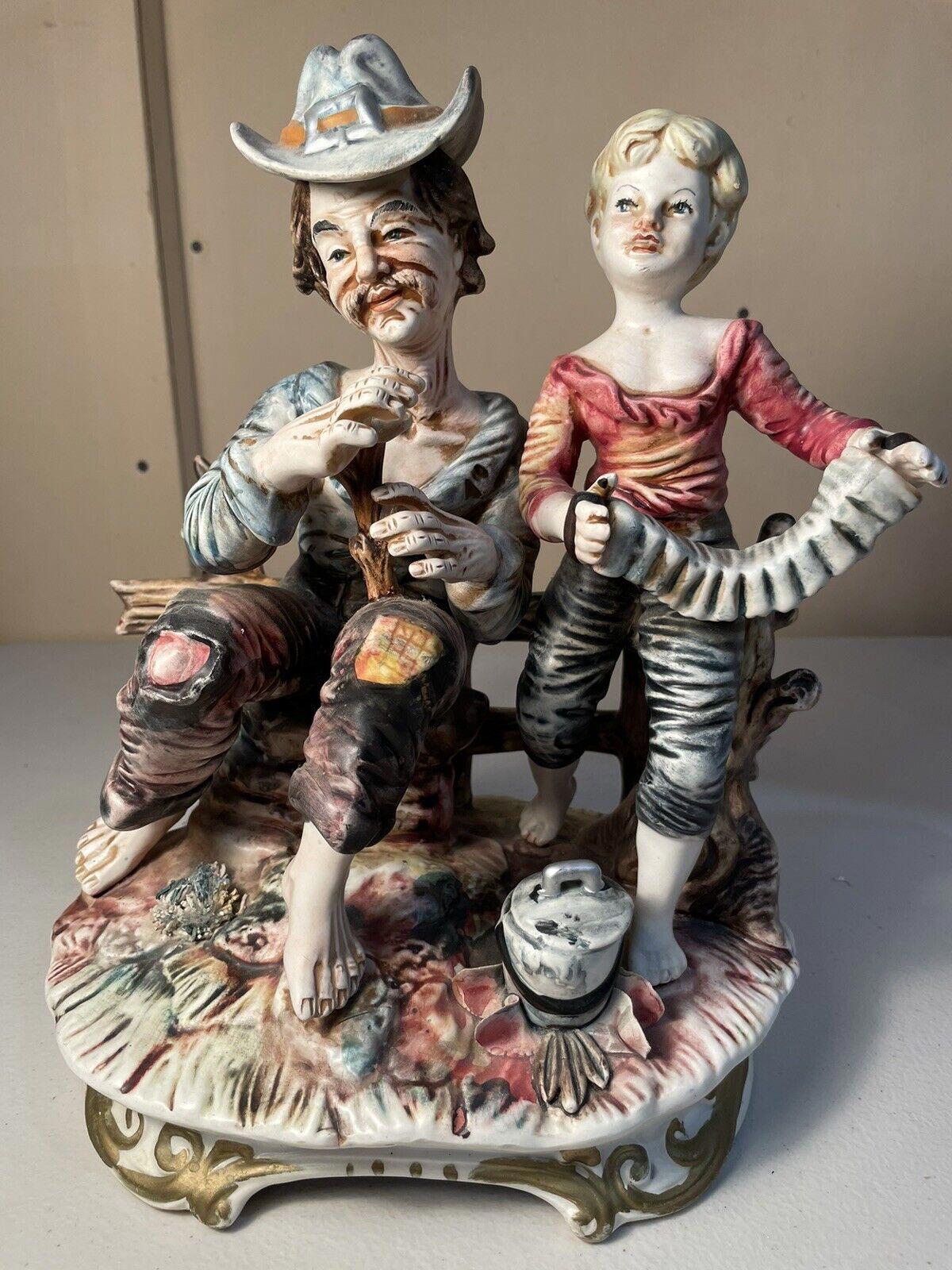 Rare Large Capodimonte HOBO Figurine with Boy On Fence Playing Accordion