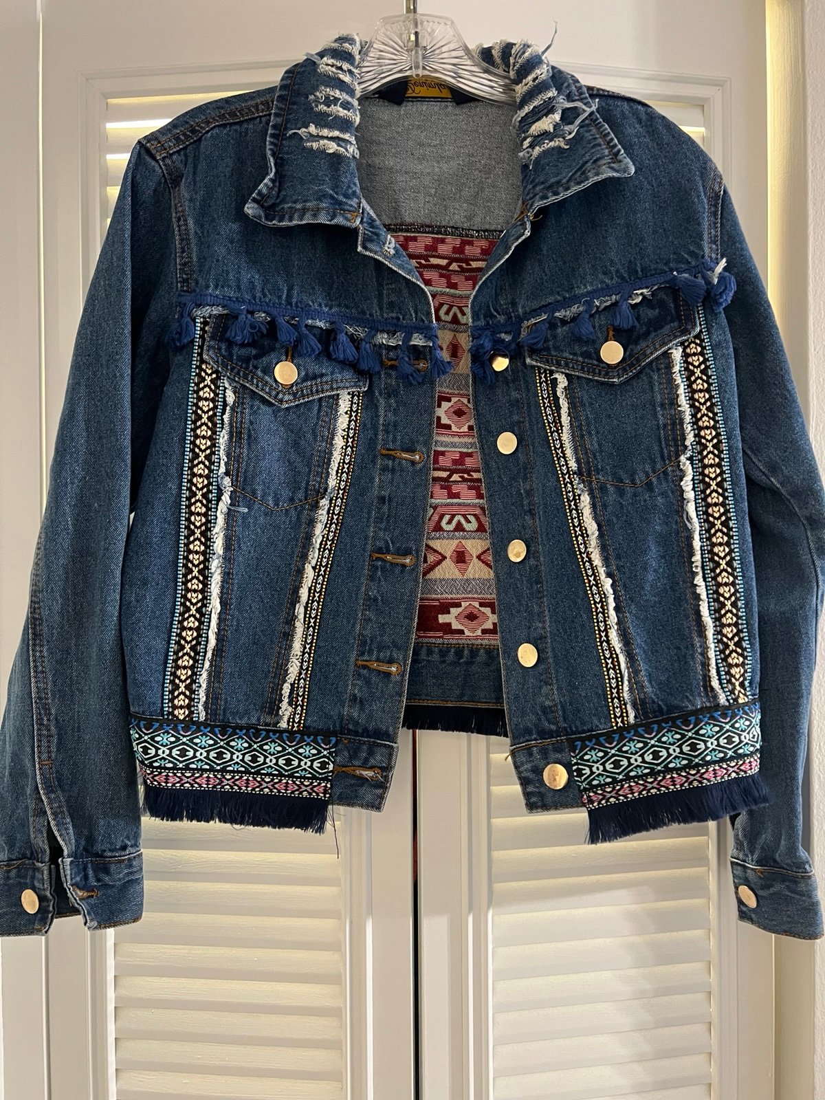 Denimland Short Jean Jacket patches Distressed tassels Small