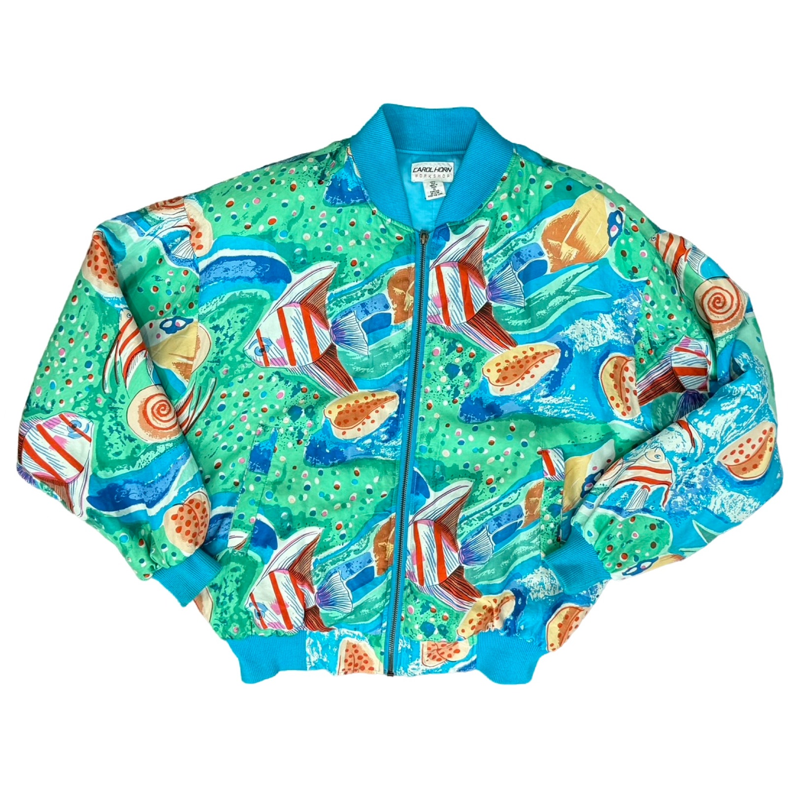 Vintage 80s Oversize Blue Green Angelfish Ocean Silk Bomber Jacket size S / M