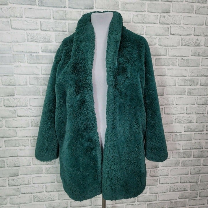 Anthropologie Luii Womens M Winter Green Arielle Faux Fur Thigh Length Coat