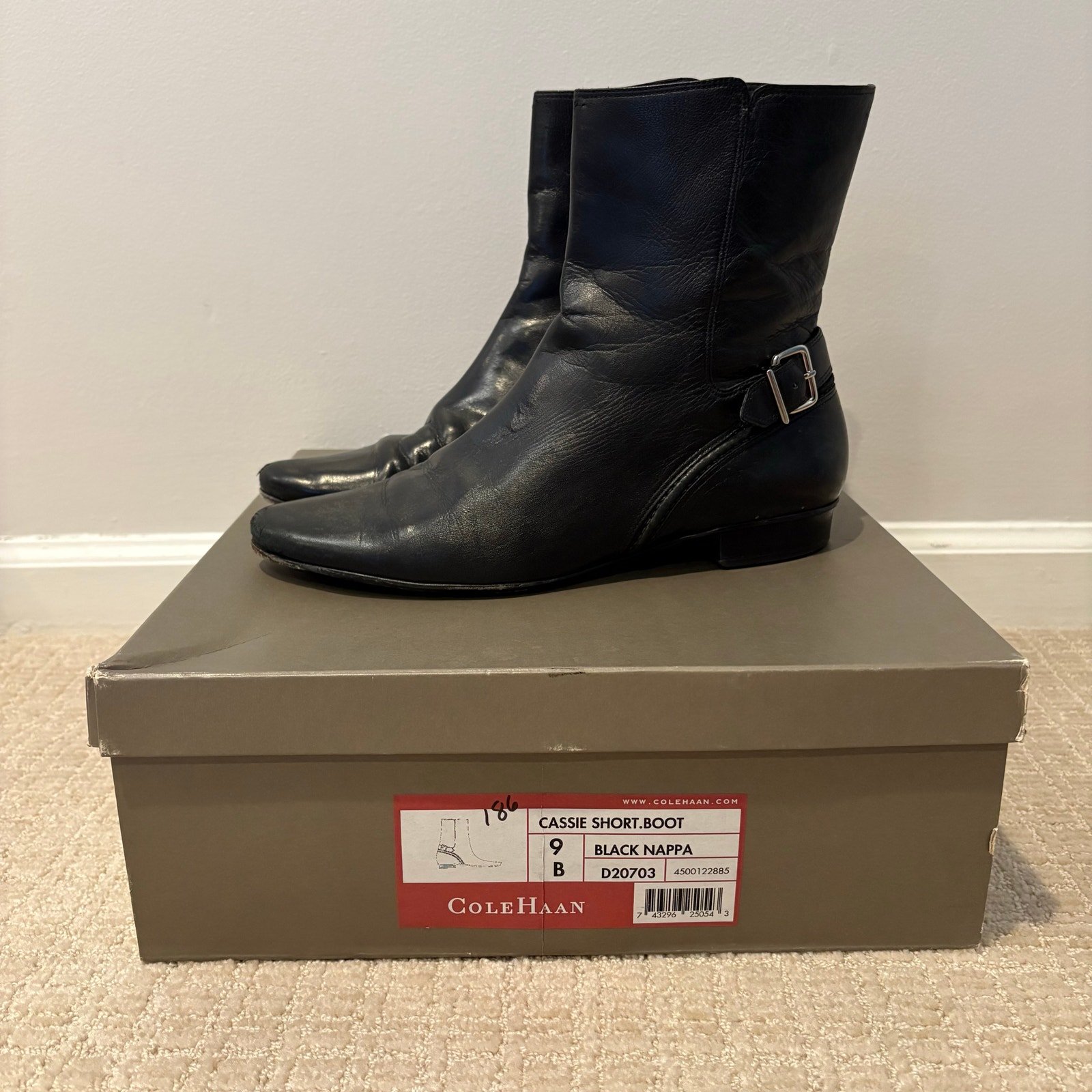 Cole Haan Women's Cassie Short Boot Black Leather Sz 9 B Zip Buckle w/Box