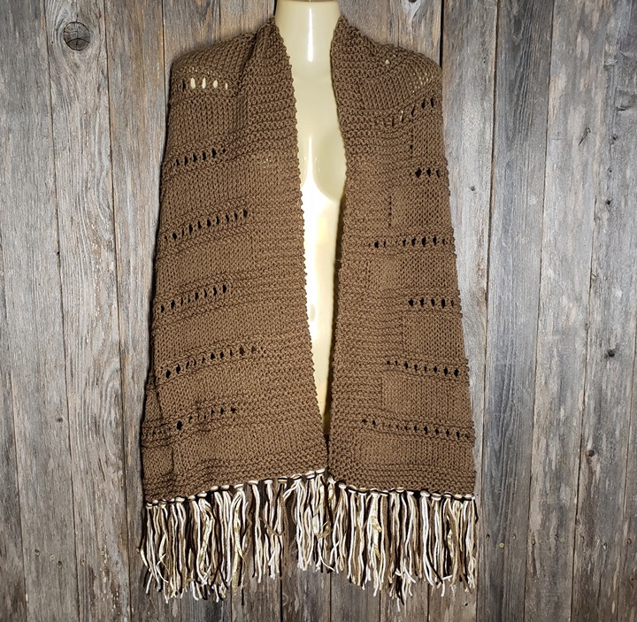 NEW Women's Brown Hand Knitted Shawl Scarf Wrap Boho Hippie Handmade Knit Fringe