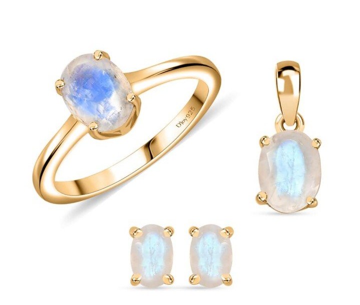 Rainbow moonstone pendant ring & earrings in yellow gold vermeil over Silver S8