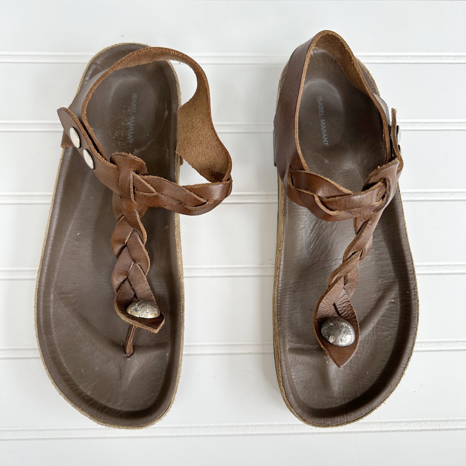 Isabel Marant Brook Braided Suede Sandals Brown Leather Flat Sandals