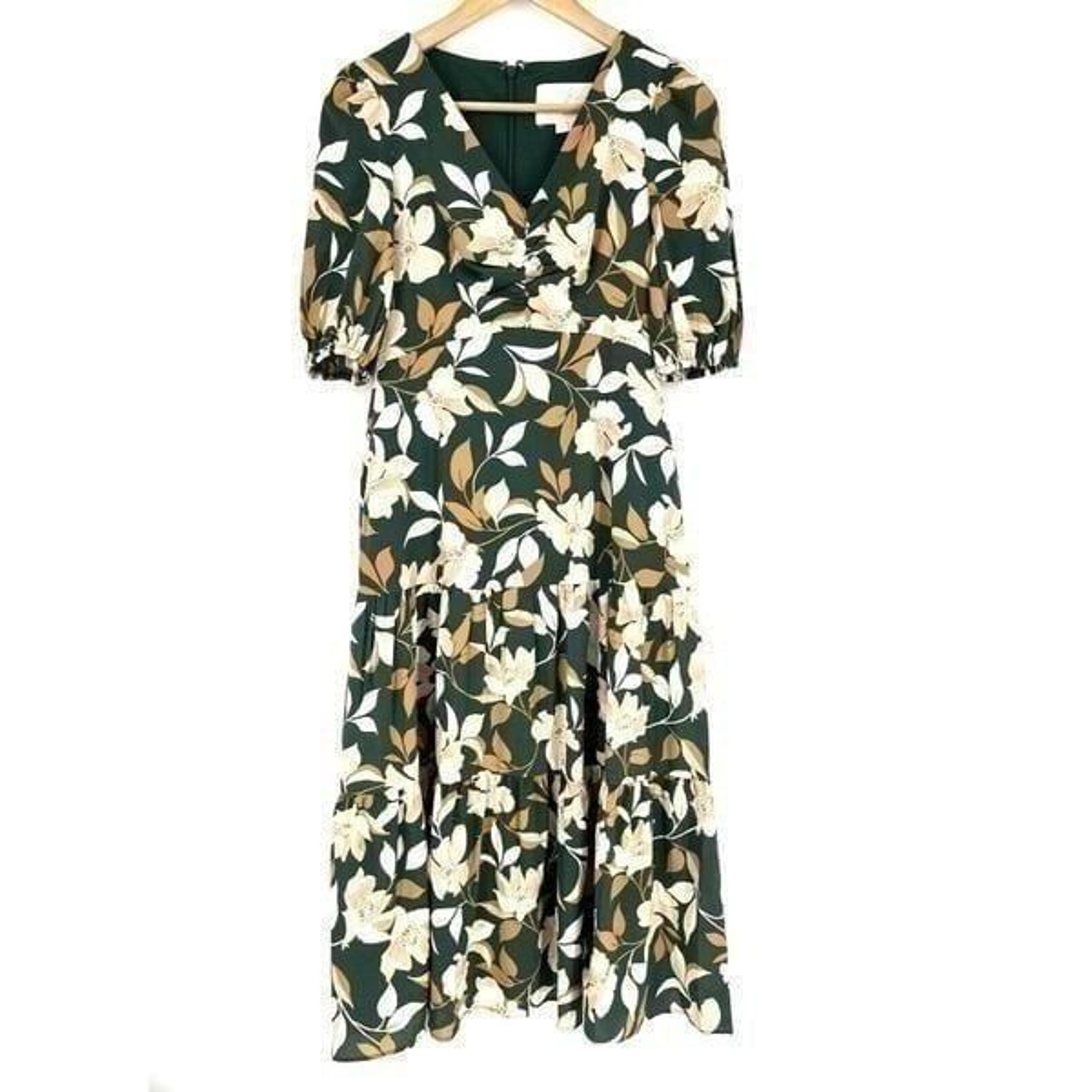 Gal Meets Glam Dress Size 0 Green Tiered Midi Tegan Floral Puff Sleeve Prairie