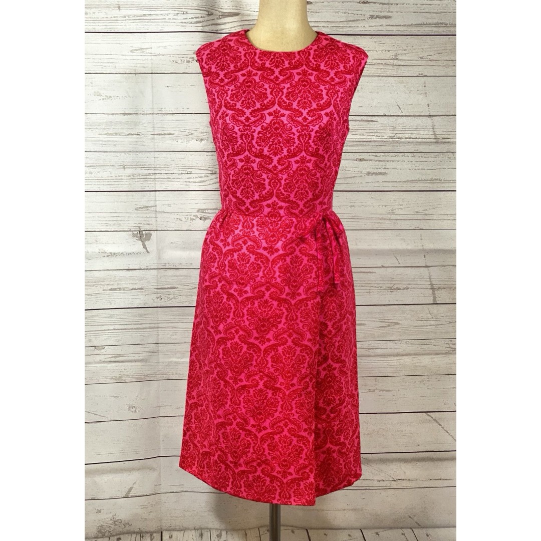 Vintage 1950’s Pink Red Damask Cocktail Pencil Dress Sz 9 (fits S) Made In USA