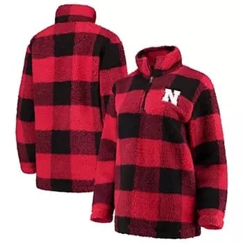 Women's Scarlet/Black Nebraska Cornhuskers Plaid Sherpa Quarter-Zip Pullover L
