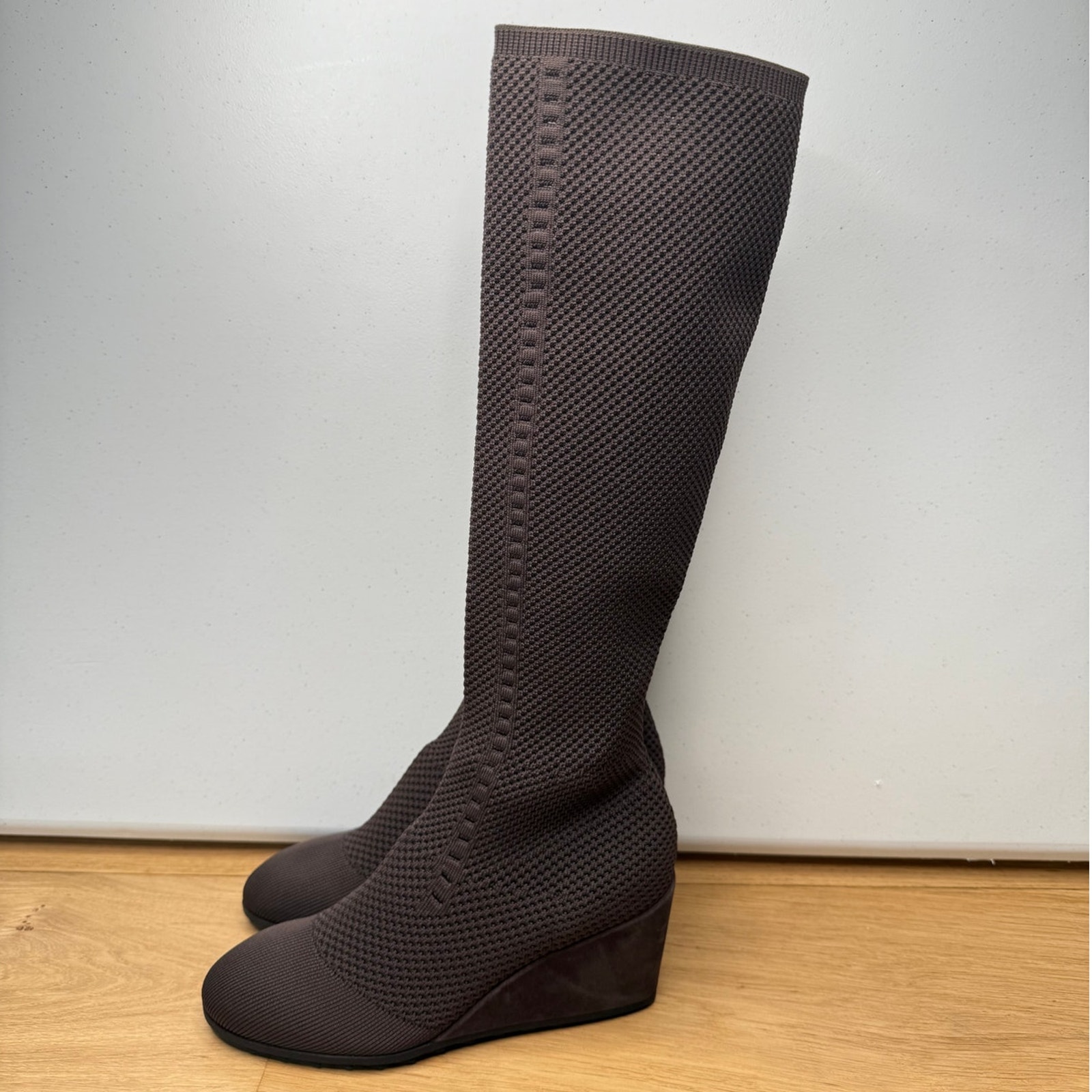 NEW Eileen Fisher Kasana Chocolate Brown Knit Wedge Boots Mesh Stretch