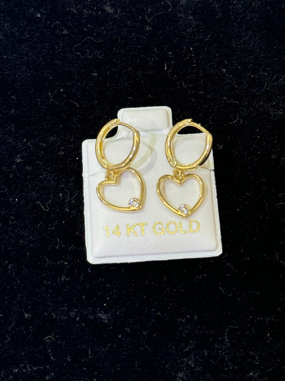 Solid Gold 14 Karat Yellow Hoop 15mm Heart cz 15mm Dangling Earring