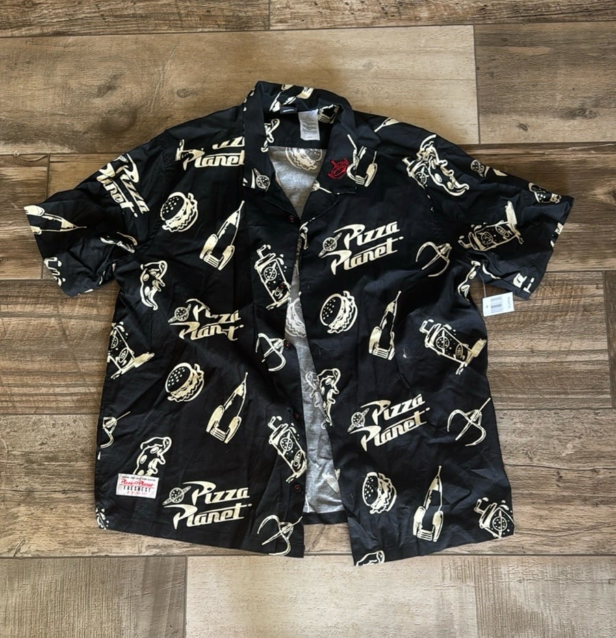 Disney men’s pizza planet button down shirt