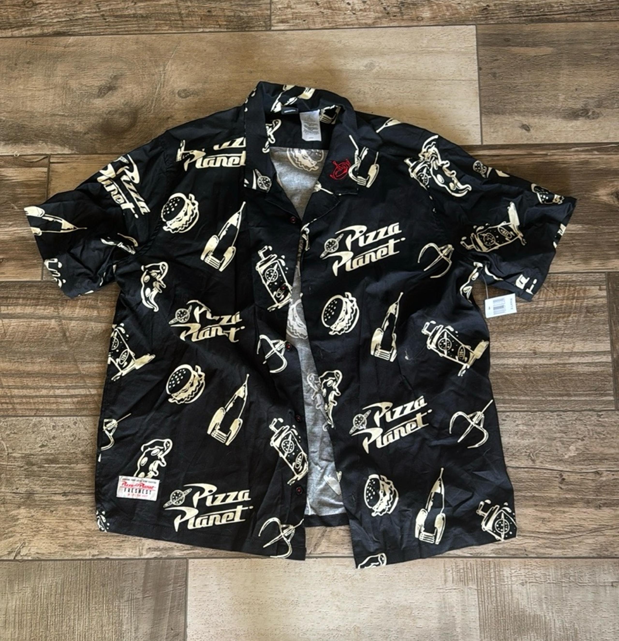 Disney men’s pizza planet button down shirt