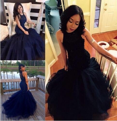 Beaded Navy Blue Mermaid Dress