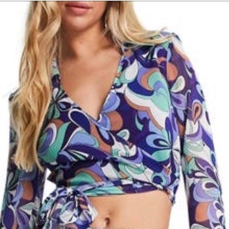 Size 4 Long Bell Sleeve Wrap Retro Style Crop Top