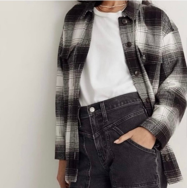 Madewell Twill Flannel Shirt Jacket in Windowpane Plaid Shacket, Size Medium