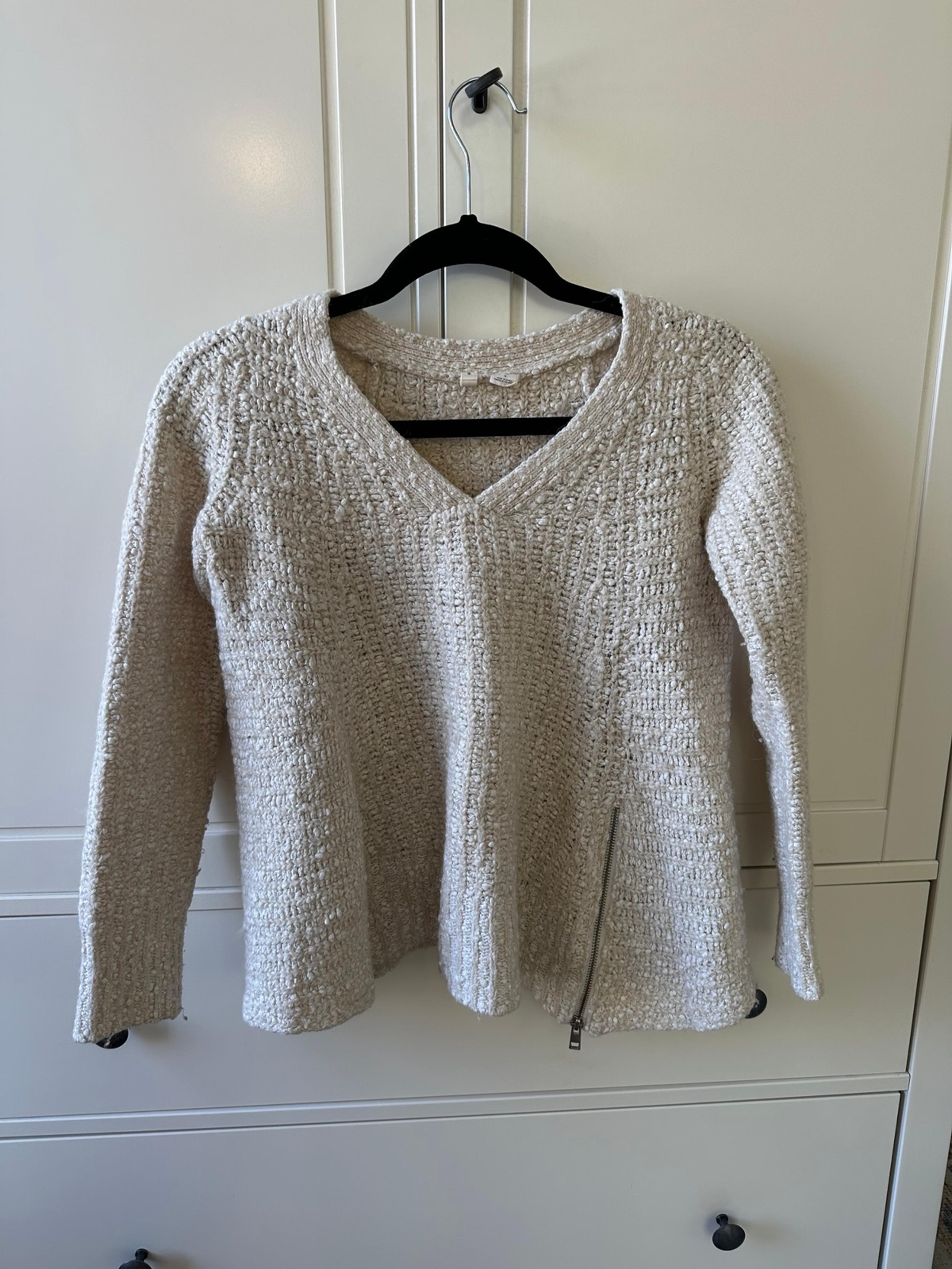 MOTH Anthropologie V-Neck Cream Knit Wool Cotton Blend Sweater Zipper Small