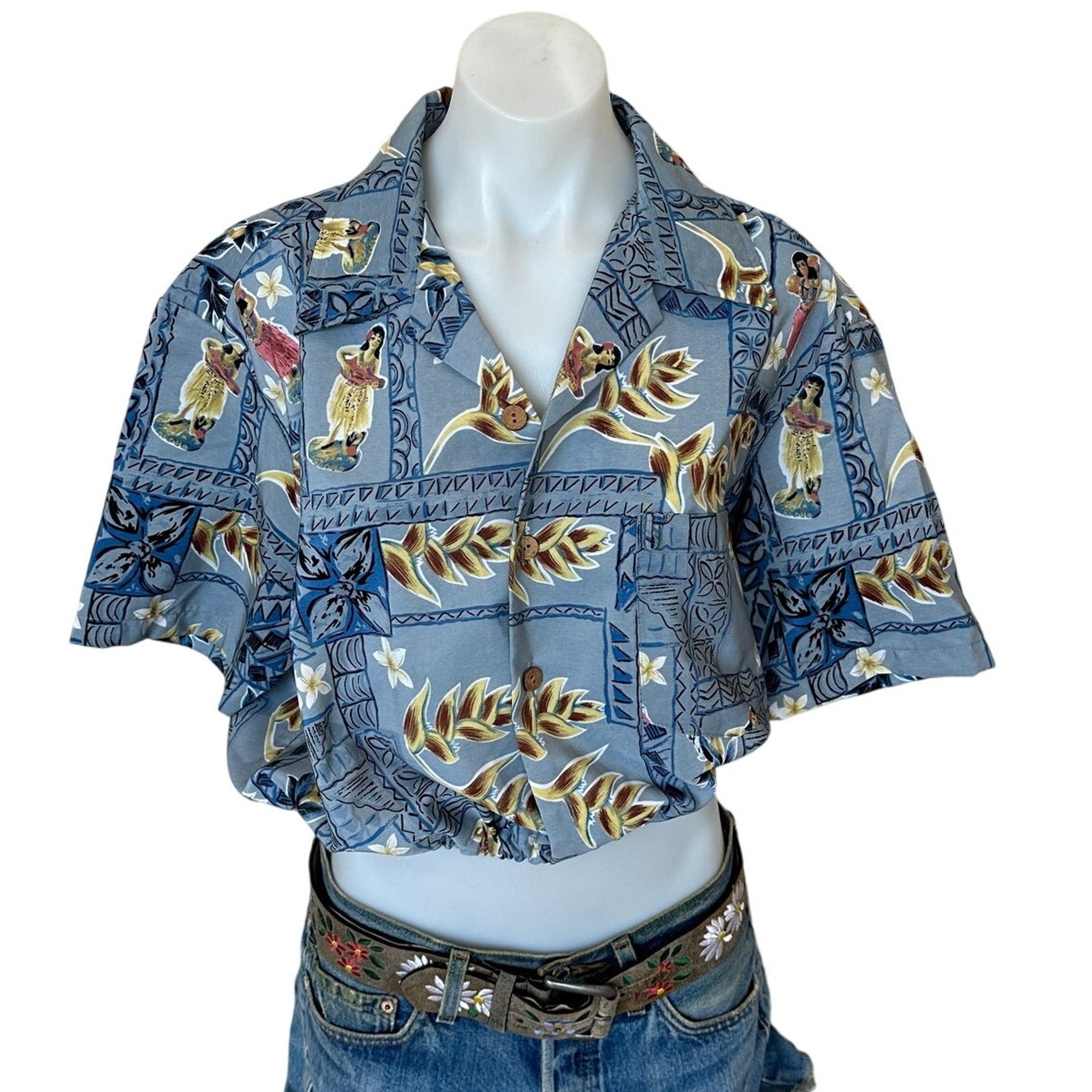 Hawaiian Shirt Tropical Button Down Crop Top One Size Boxy Oversized Unique
