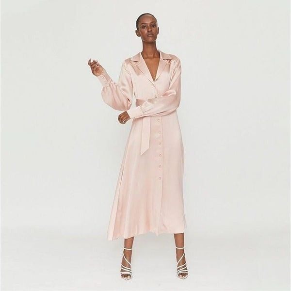 Rotate by Birger Christensen Jojo Belted Satin Shirt Dress Misty Rose Womens Siz