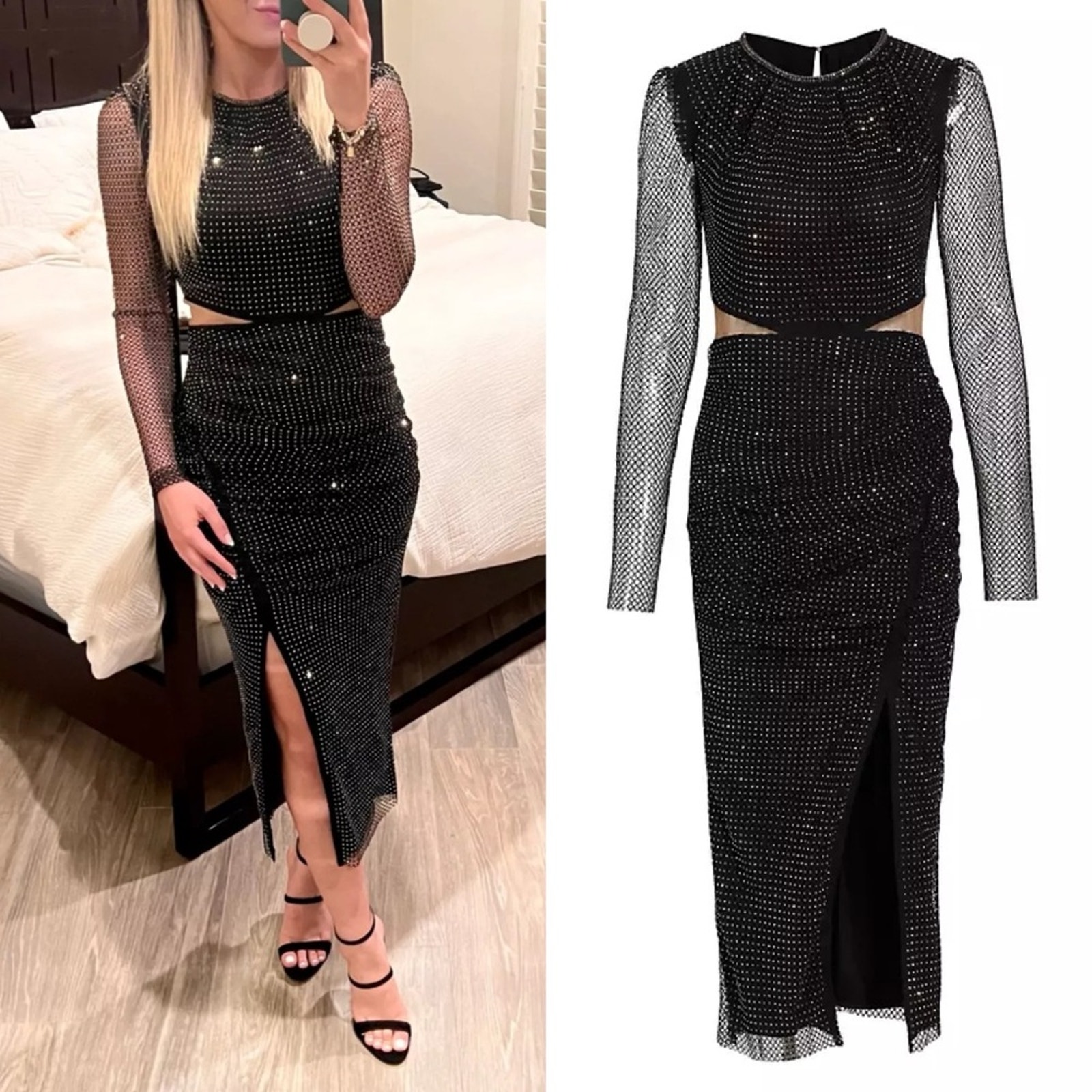 NWT SELF-PORTRAIT Diamonte Crystal Embellished Fishnet Midi Dress in Black Sz 4