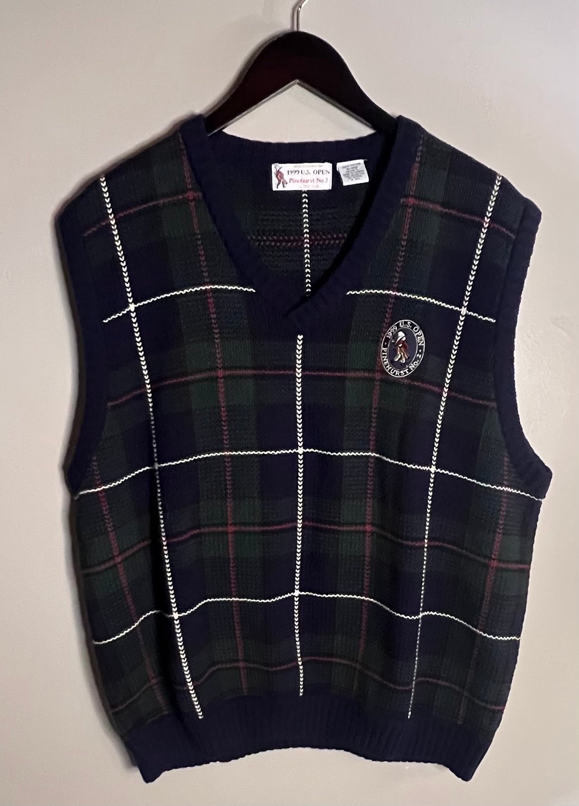 Men's V-Neck Sweater - Navy and Green Plaid 1999 US Open Pinehurst Size Large