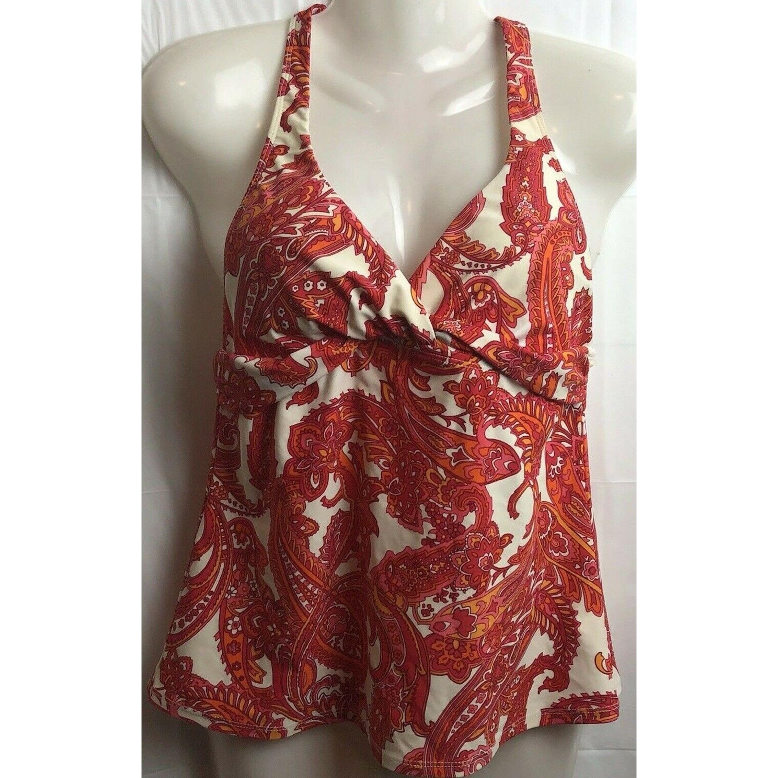 Chaps Tankini Top Women 8 Red Floral Halter Twist Front Padded Stretch Swimwear