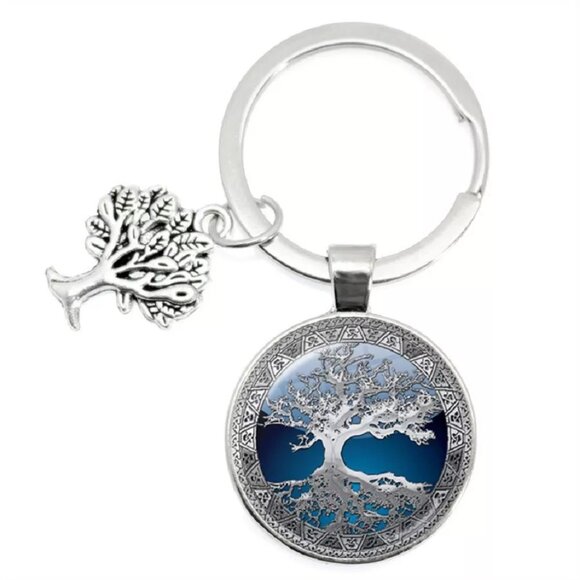 Silver Blue Tree of Life Bohemian Art Pendant Circle Key Ring Key Holder Gift