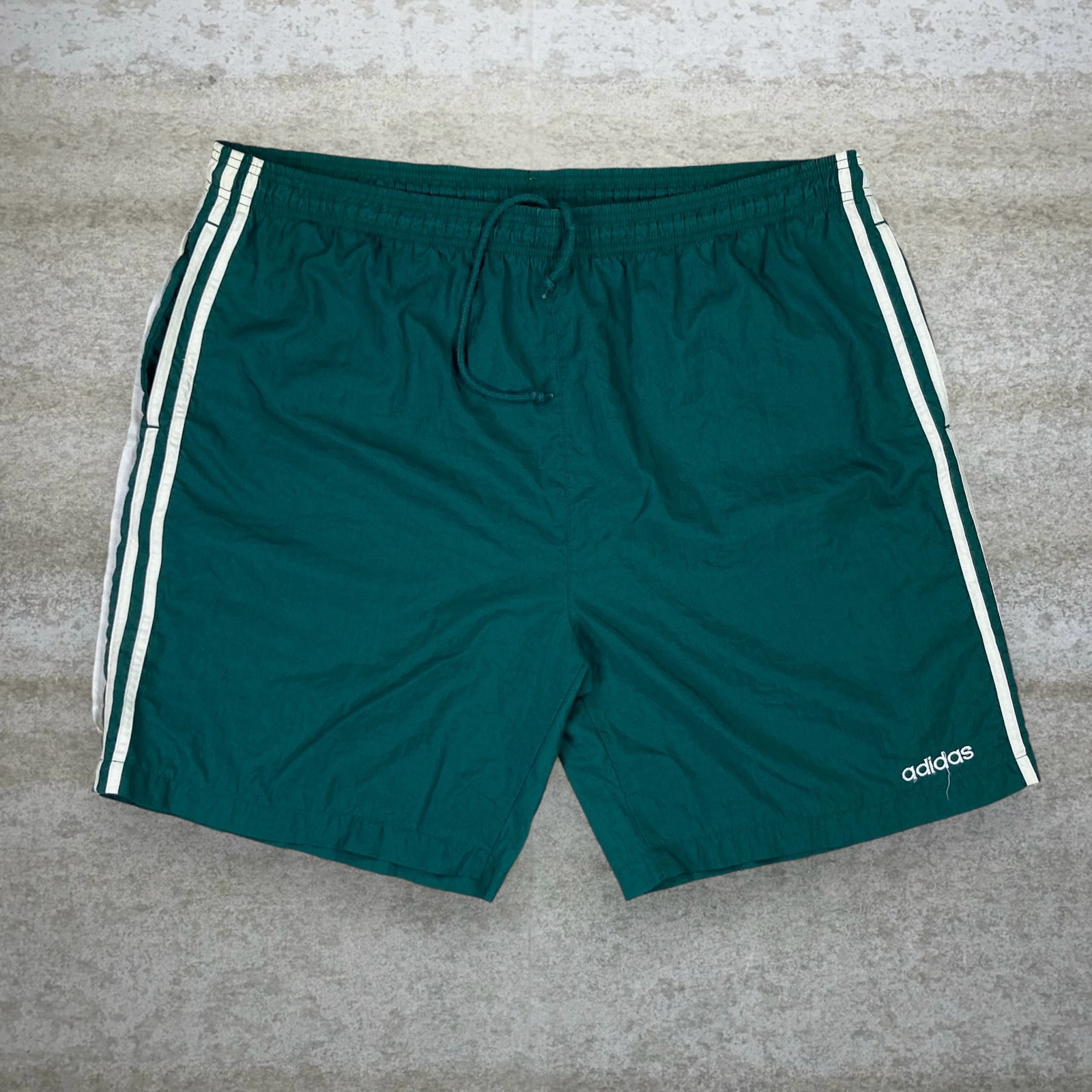 Vintage Adidas Swim Shorts Forest Green Nylon White Spellout Logo 7 Inseam 90s