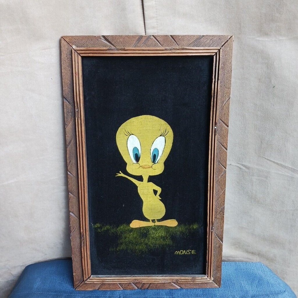VTG Tweety. Bird Velvet Painting Wooden Frame Mexico SIGNED MONSE Artist RETRO