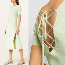 415 NWT Maje Ruche Tie Back Midi Dress 40 Vert L Ribbed Knit Stretch