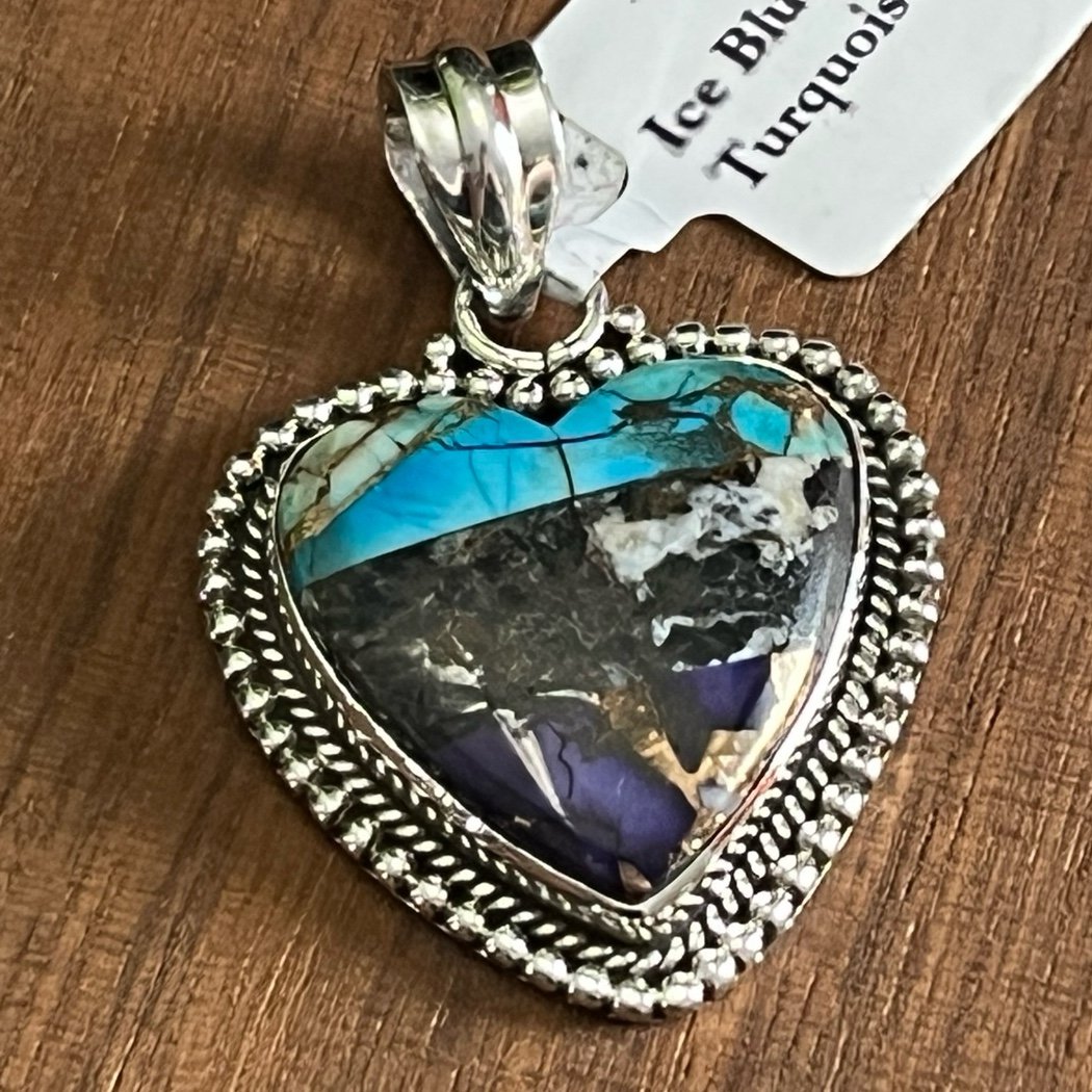 Ice Blue Dahlia, Purple Dahlia & White Buffalo Turquoise Heart Sterling Pendant