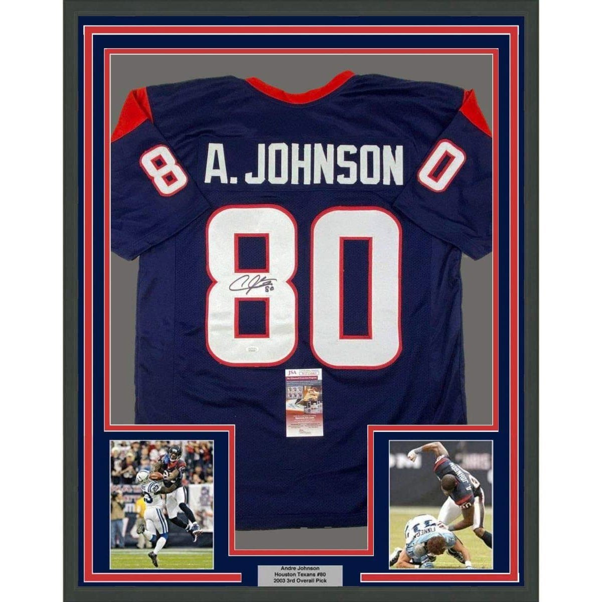 Framed Autographed/Signed Andre Johnson 35x39 Houston Blue Jersey JSA COA