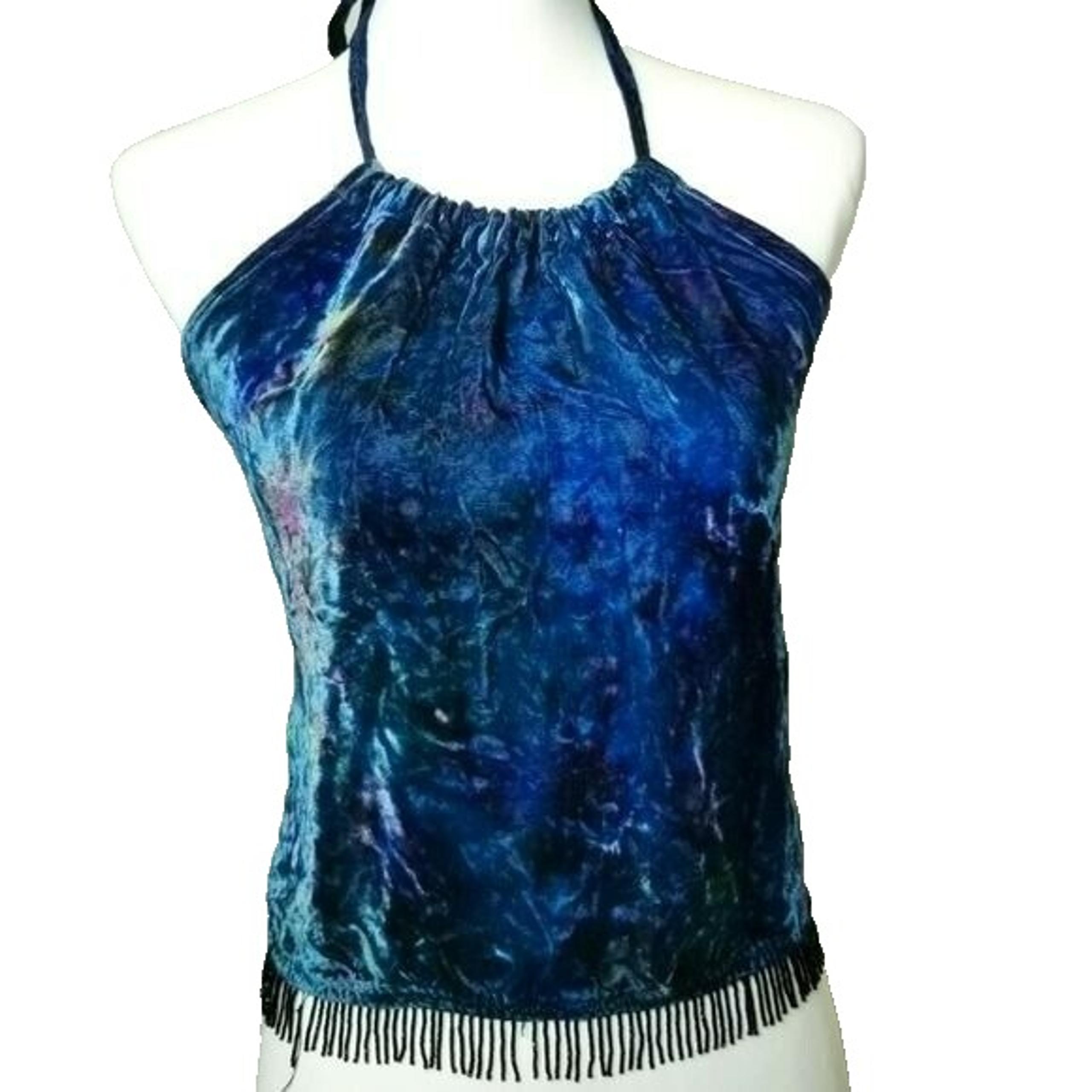 Navajo Velvet Halter Crop Top Tie Back and Neck Multicolored Blue Beaded Tassel