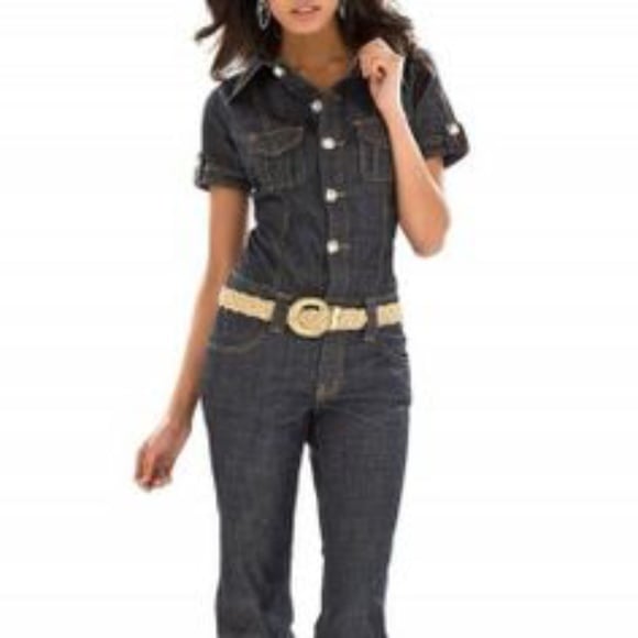 BABY PHAT Y2K Cargo chambray Short sleeve button denim crop cuff leg jumpsuit 5
