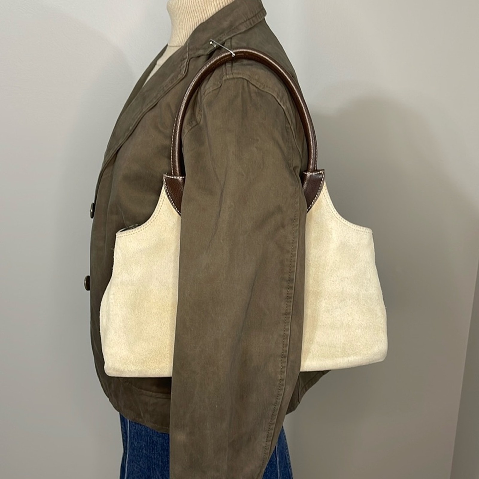 Cream Suede and Canvas Round Handle Reversible Handbag 15 x7 x4