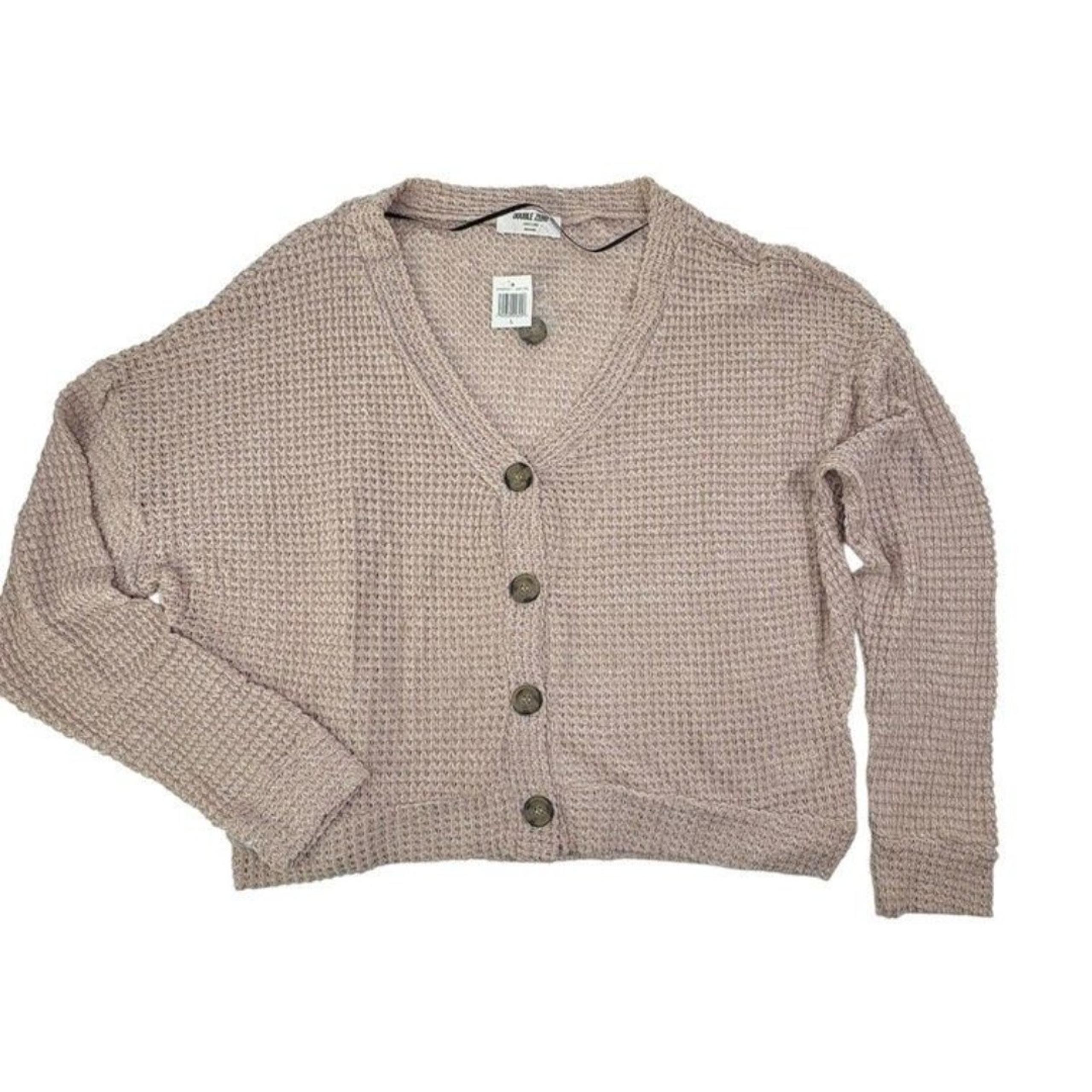NWT Double Zero Open Waffle Knit Cardigan Sweater Pastel Dusty Pink Slouchy L
