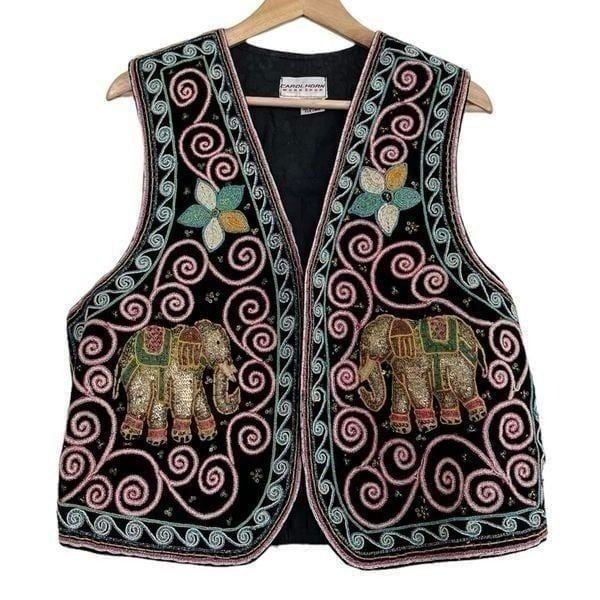 Vintage Carol Horn Workshop Artsy Boho Hippie Colorful Embroidered Vest Elephant