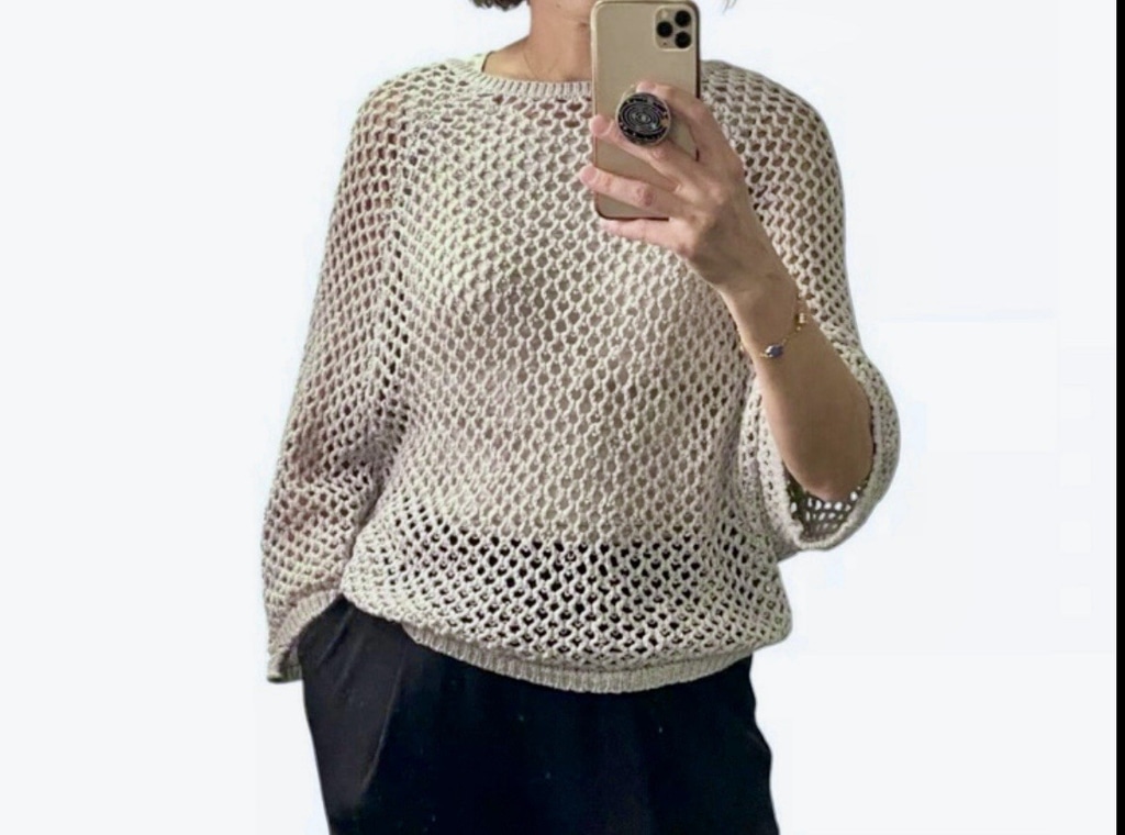 Vivienne Tam Knit Mesh Sweater MED Gray Crochet Boho Lagenlook Boxy Hippie Artsy