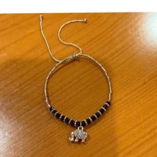 Elephant Charm Bracelet Black Beads Gold Tone Adjustable Boho Chic