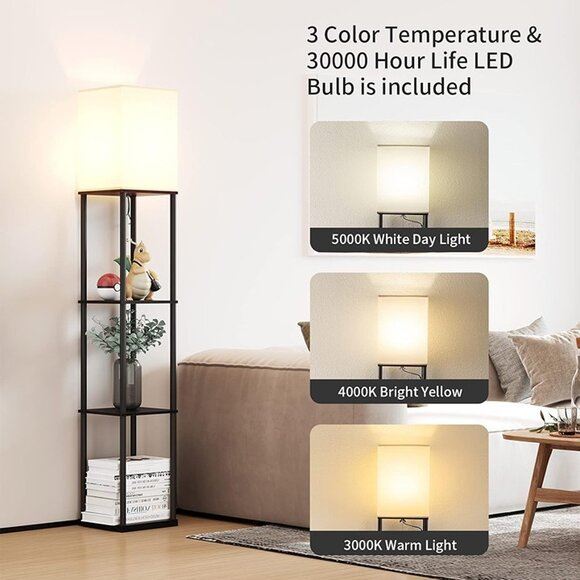 NEW Floor Lamp with Shelves, Modern Square Standing Lamp with 3 Color