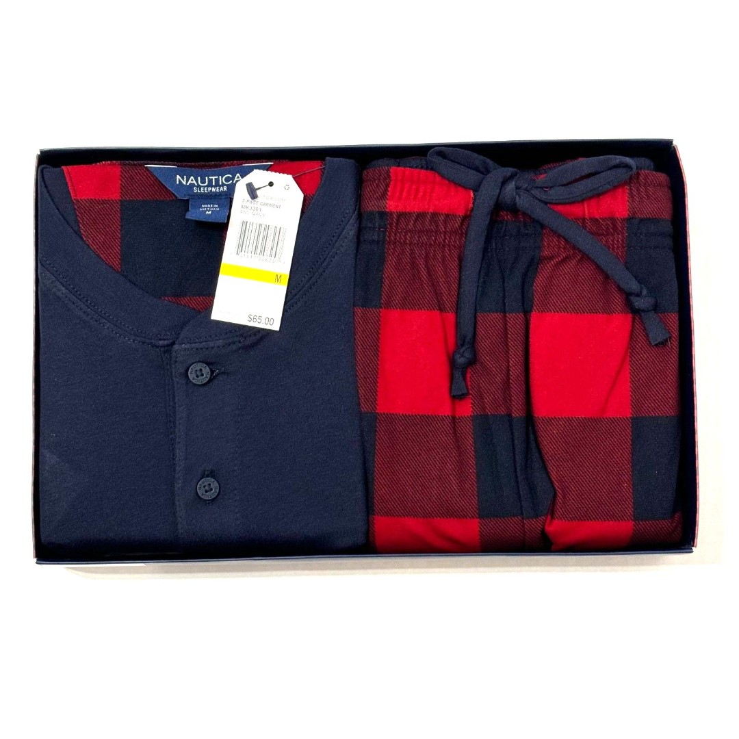 Nautica Sz M Men's PJ Set Navy/Red Multi Henley Cozy Pants