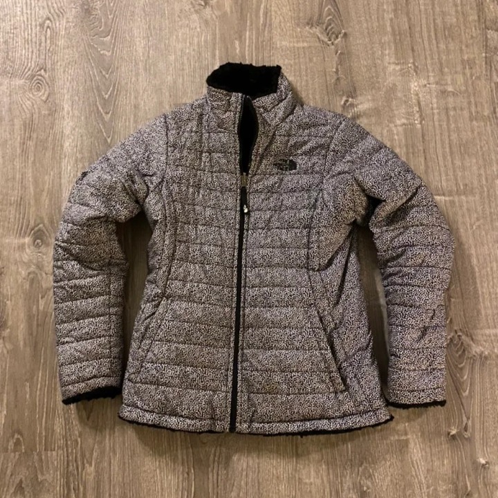 The North Face Girls XL (18) reversible jacket Fleece Down Black White Speckled