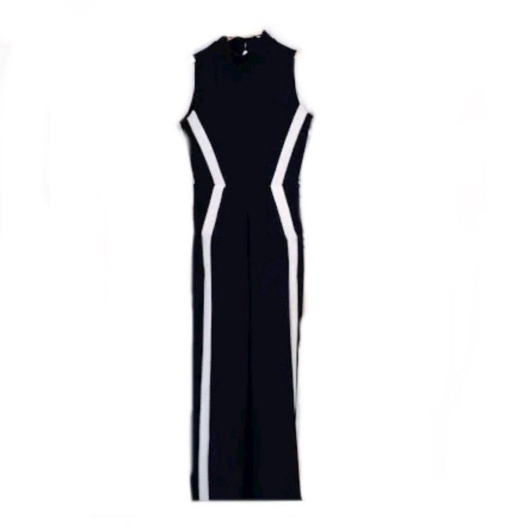 Spanx Airessentials Stripe Jumpsuit in black and white size LP large petite