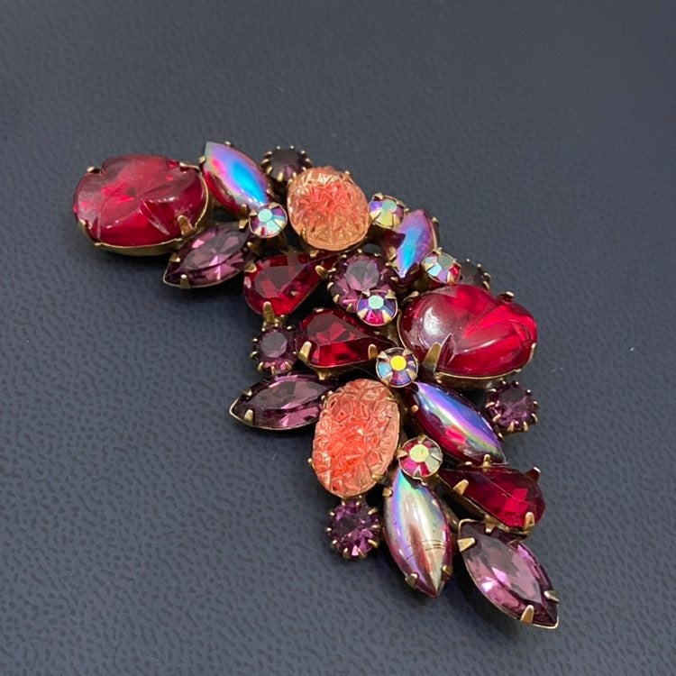 Stunning Vintage KRAMER Signed Satin Press Glass Cabochon Ruby Red Brooch