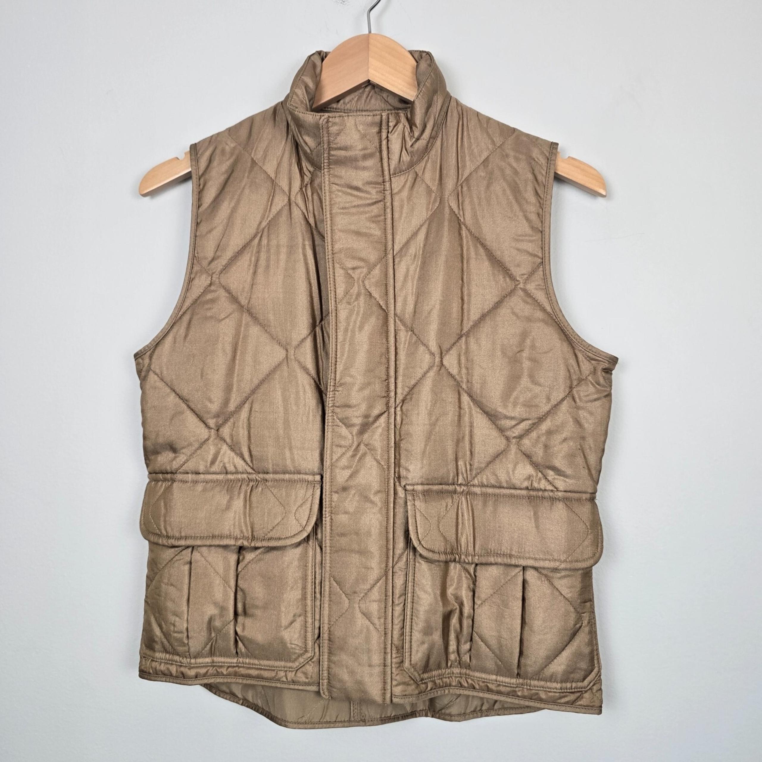 VTG Ralph Lauren Womens M Quilted Puffer Vest 100% Silk Tan Brown Diamond Stitch